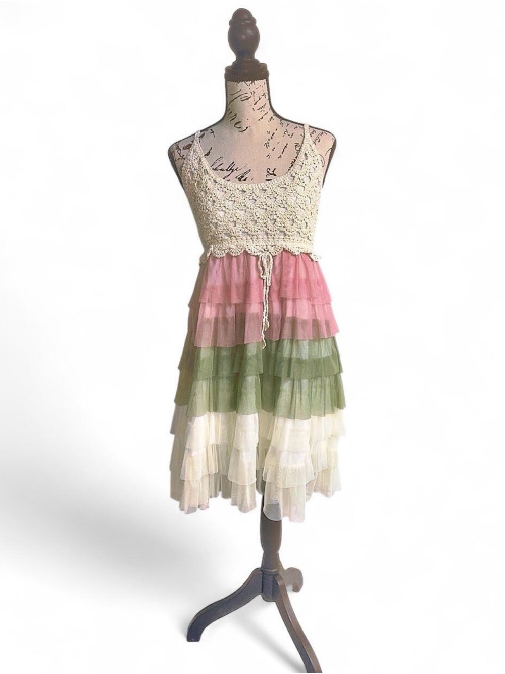 J. Gee boho-style dress cream crotchet bodice tiered ruffle fairy Women’s Large